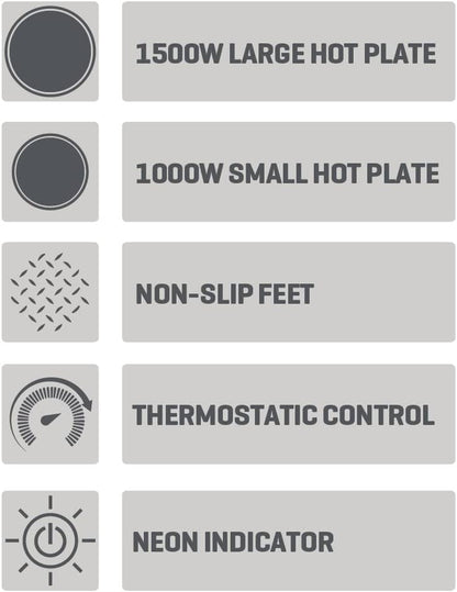 Daewoo Double Hot Plate Electric Hob – 2500W Tabletop Hob with 2 Ring Heating Plates