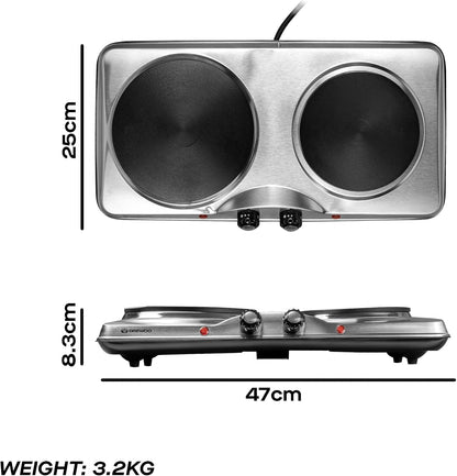 Daewoo Double Hot Plate Electric Hob – 2500W Tabletop Hob with 2 Ring Heating Plates