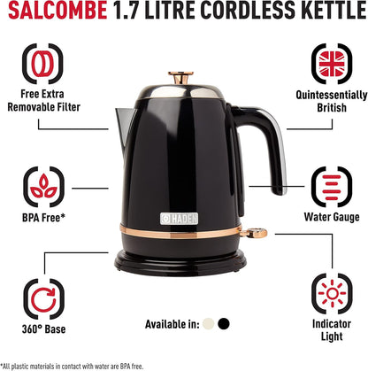 Haden Kettle Salcombe 1.7L Fast Boil Stainless Steel Auto Black & Copper