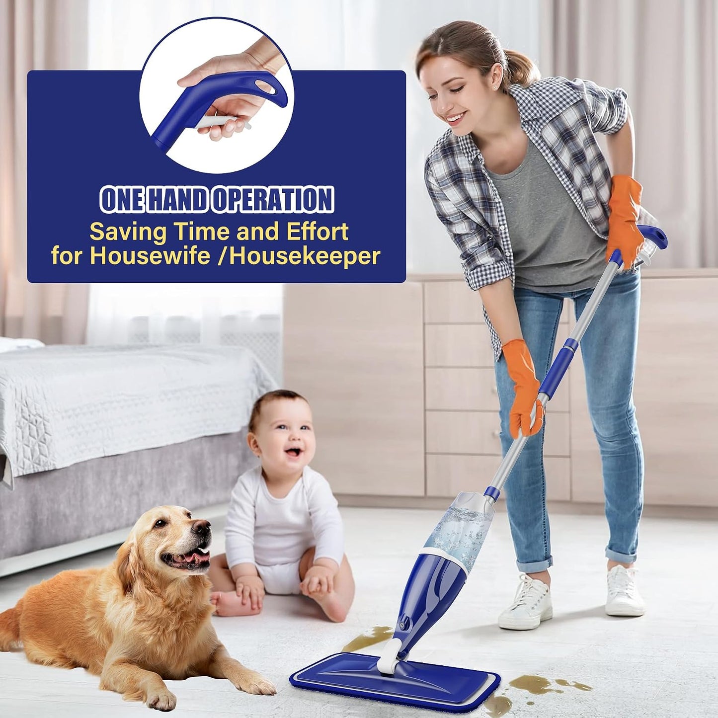 Spray Mops with 3 Washable Reusable Microfibre Pads for Cleaning Floors | Floor Mops with Sprayer Commercial Dry Dust Mop, 360° Swivel Head, 1 Refillable Bottle, for Hardwood Laminate Tile Wood Vinyl