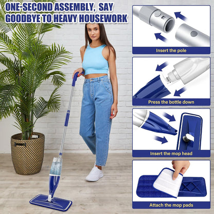 Spray Mops with 3 Washable Reusable Microfibre Pads for Cleaning Floors | Floor Mops with Sprayer Commercial Dry Dust Mop, 360° Swivel Head, 1 Refillable Bottle, for Hardwood Laminate Tile Wood Vinyl