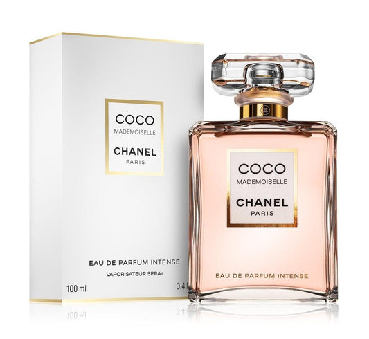 Chanel Coco Mademoiselle Eau de Parfum Intense 100ml spray bottle next to its white and gold packaging box, on a clean white background.